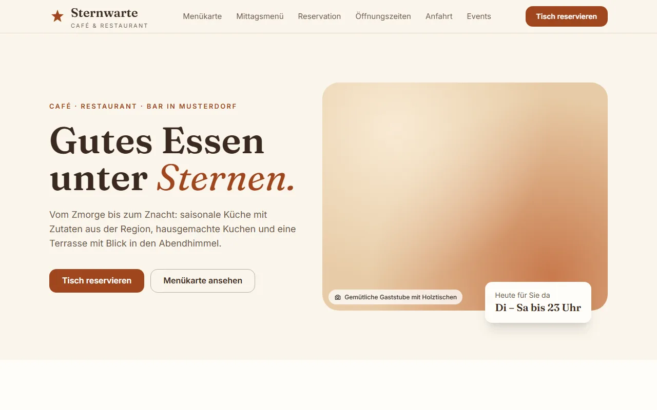 Ansicht der Demo-Website Café Sternwarte